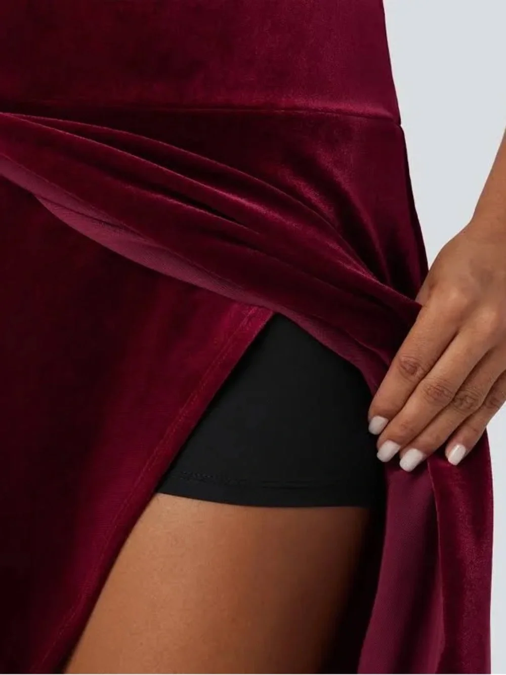 Halara Velvet High Low Crossover Maxi Skirt Built In Shorts Sangria M